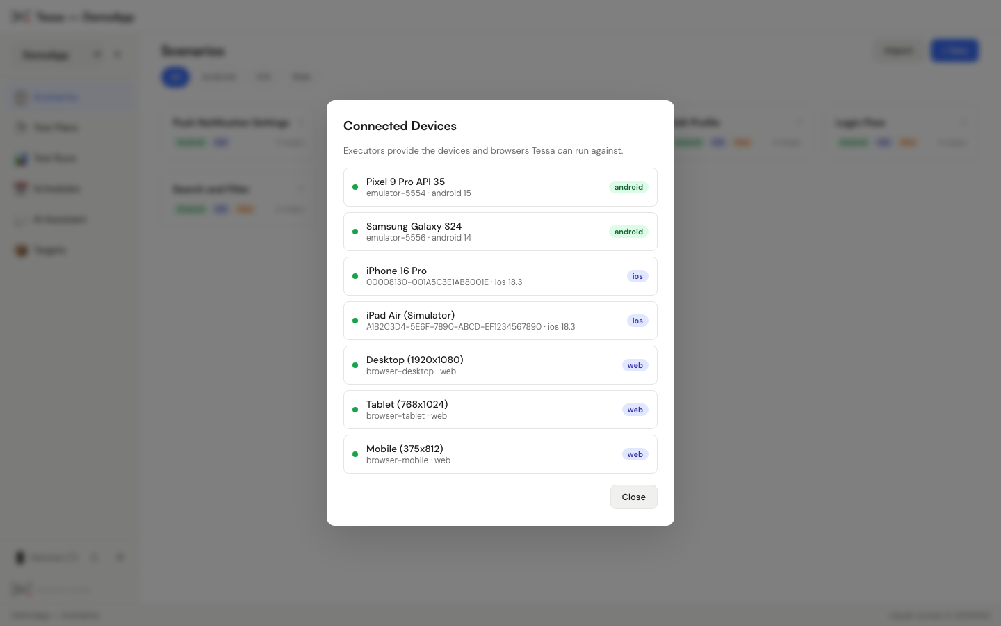Tessa connected devices showing Android, iOS, and web browser targets