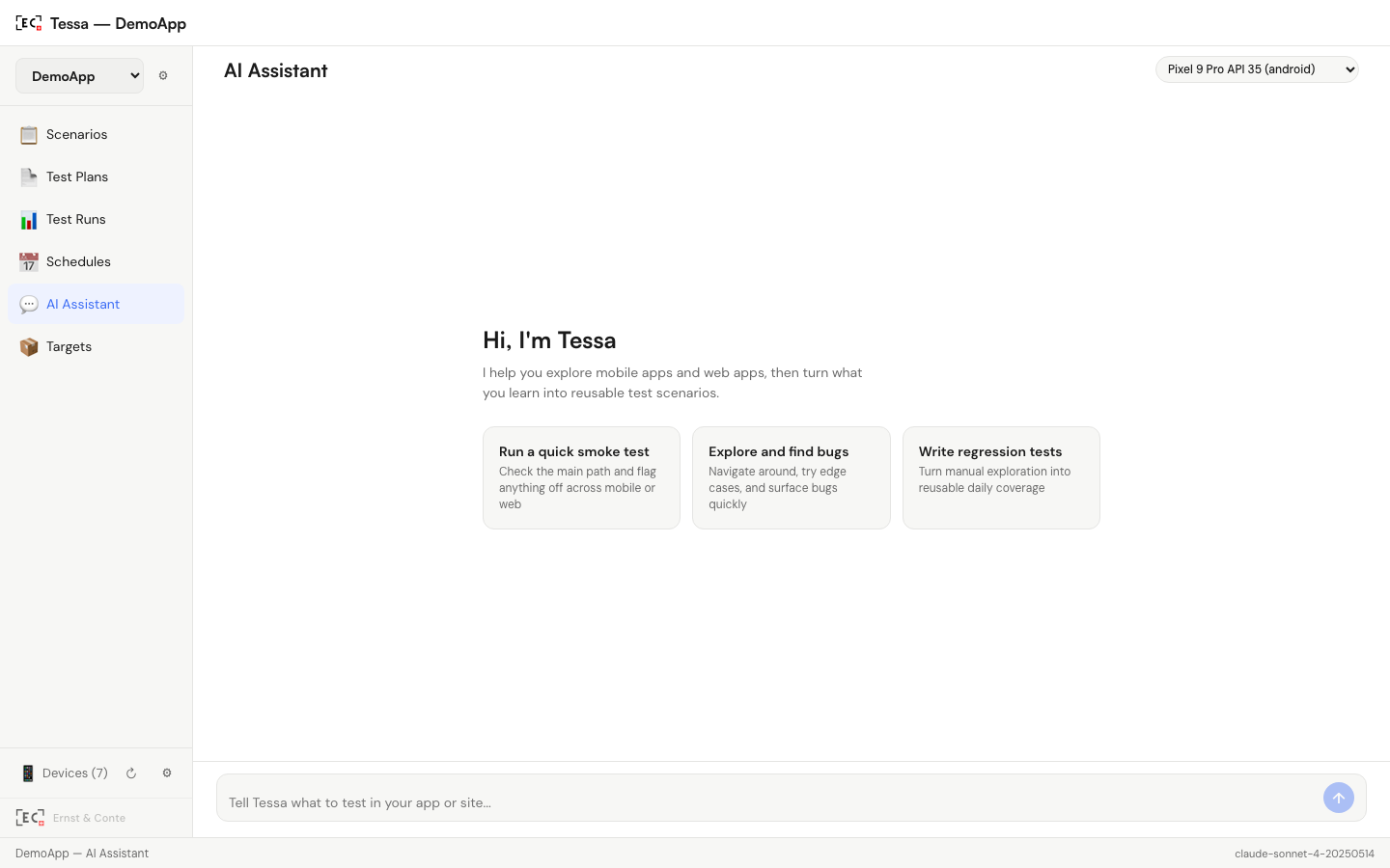 Tessa AI Assistant chat interface for exploratory testing