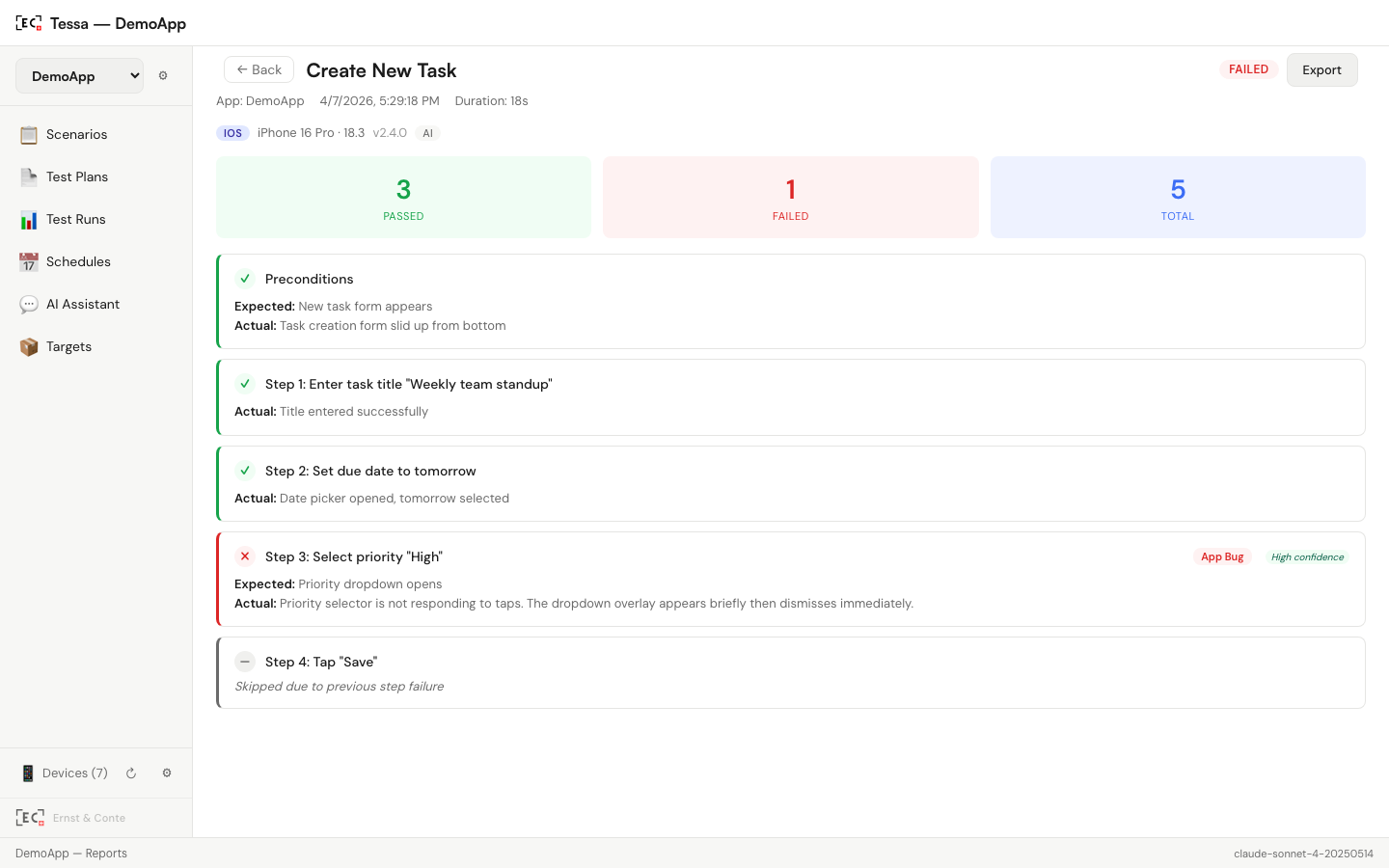 Tessa test report showing a failed step with detailed diagnostics
