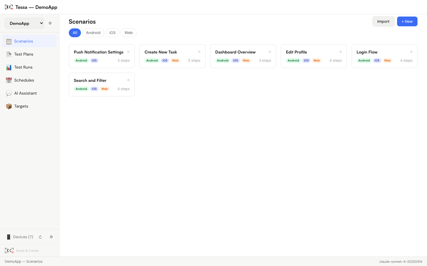 Tessa scenario grid with platform badges for Android, iOS, and Web