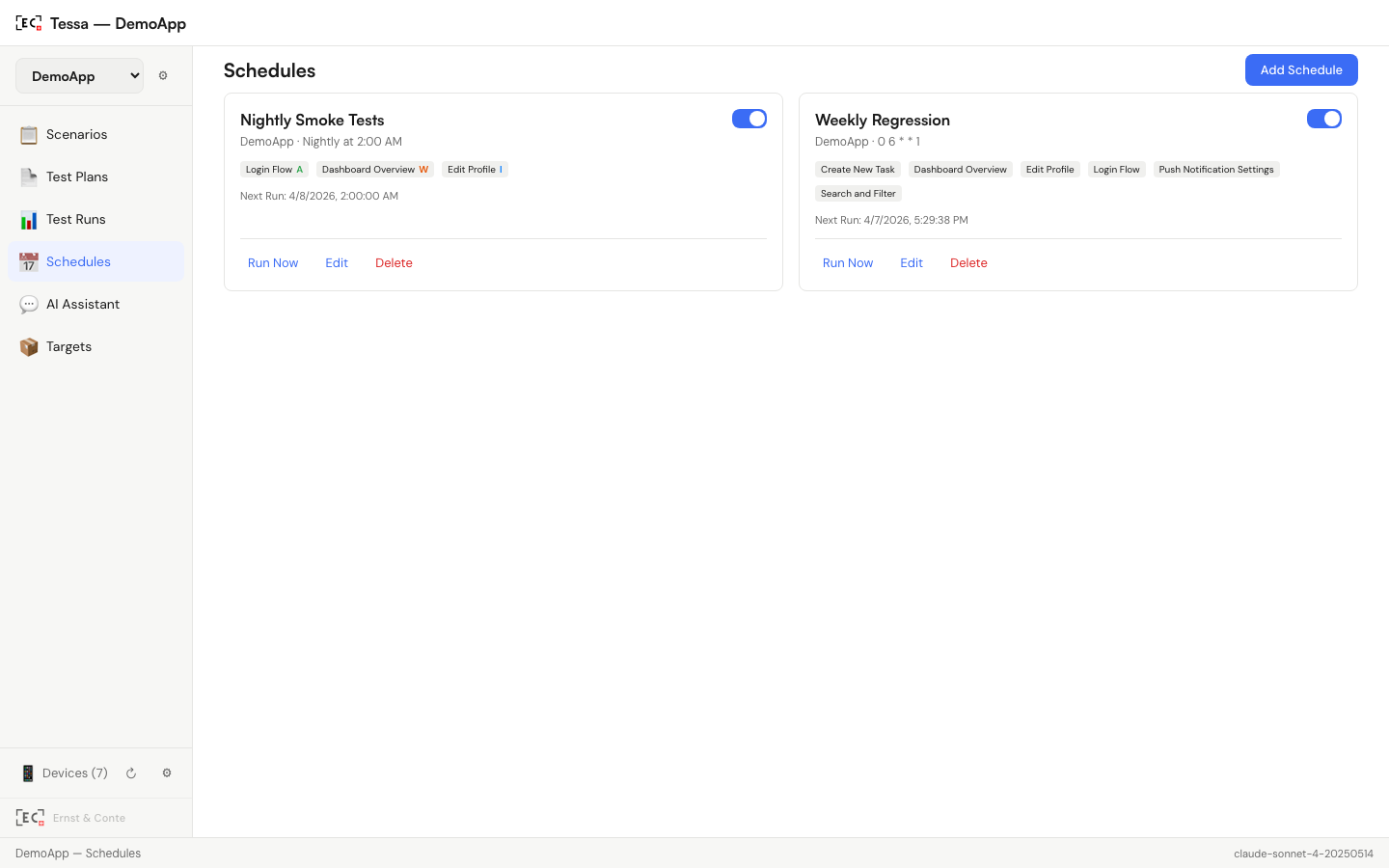 Tessa schedule manager with nightly and weekly regression runs