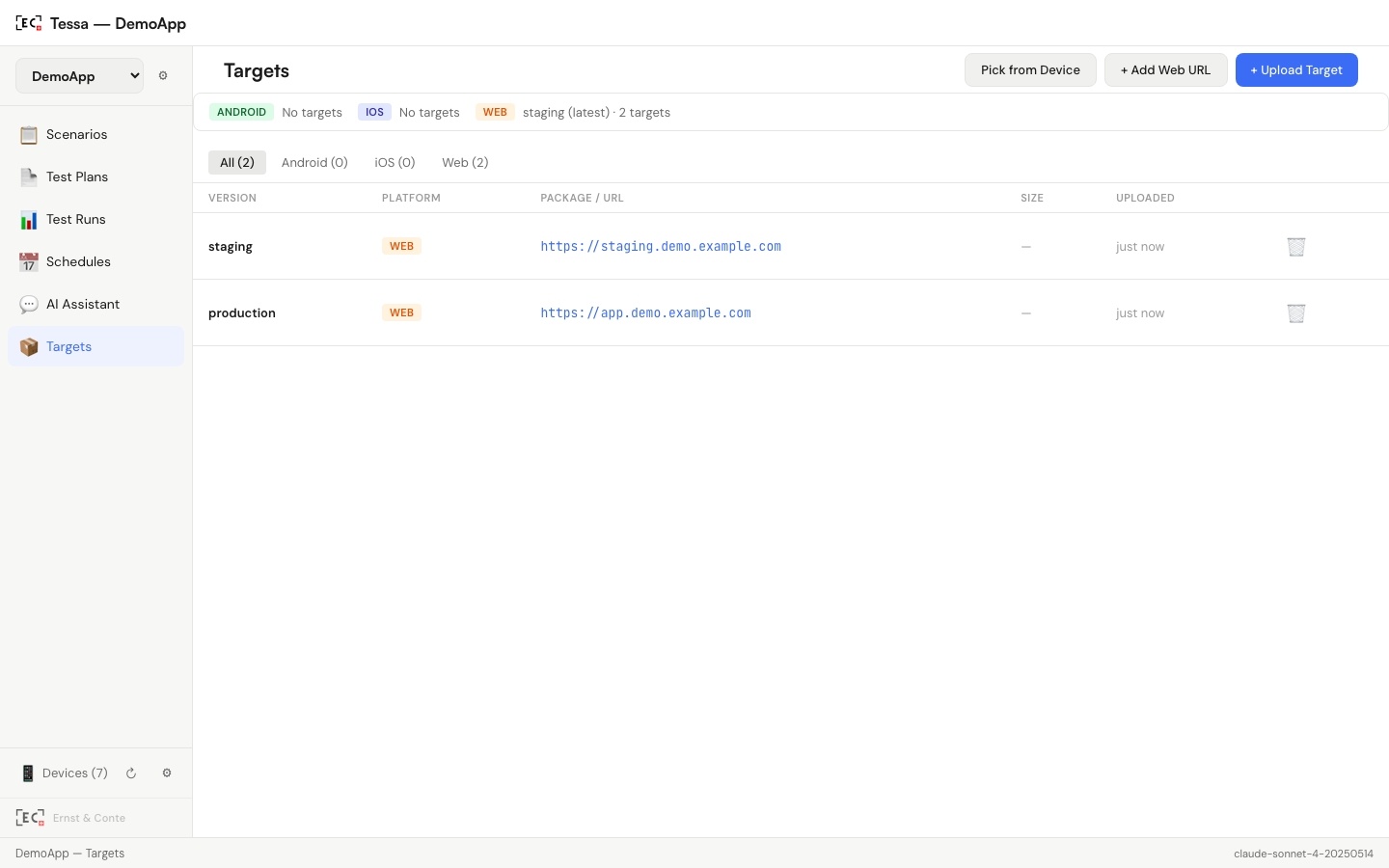 Tessa target management showing APK, IPA, and web URL targets